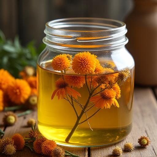 Close-up of dried calendula flowers being infused in a jar of golden oil.