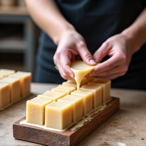 Hands carefully pouring liquid soap mixture into a wooden mould.