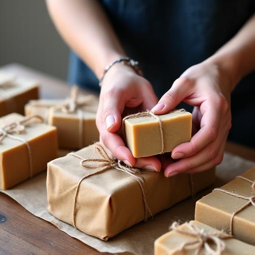 Finished handmade soap bars being wrapped in kraft paper and twine.