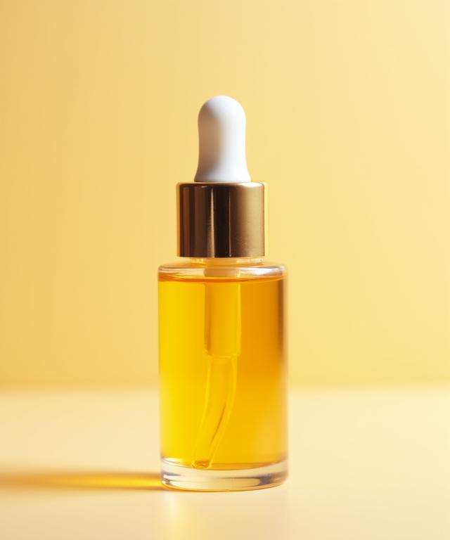 A clear glass dropper bottle containing golden calendula face oil.