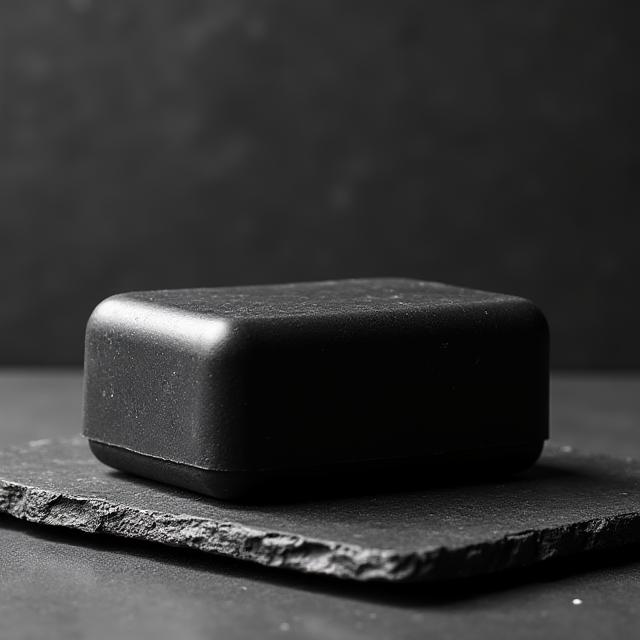 A sleek, black activated charcoal soap bar on a slate surface.