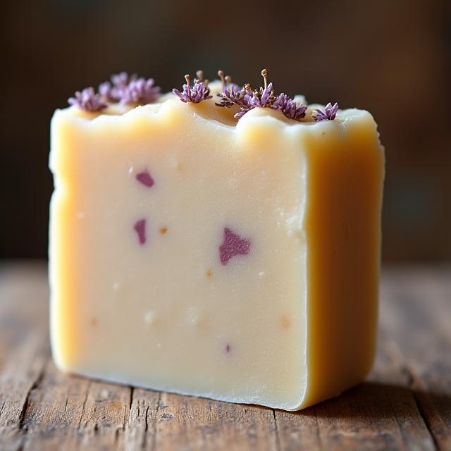 A rustic, handmade soap bar with visible flecks of Irish heather.