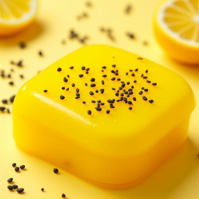 A vibrant yellow soap bar with dark poppy seeds for exfoliation.