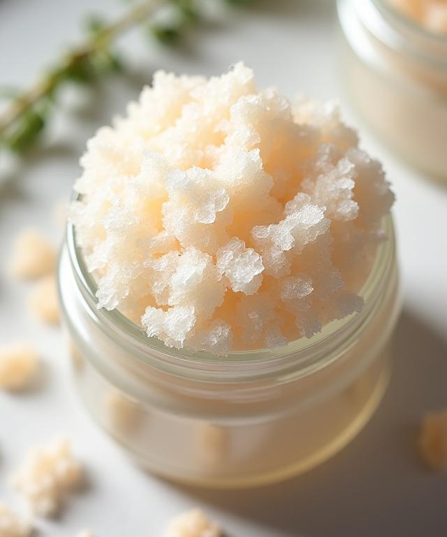 Close-up texture of a rich sea salt body scrub in a glass jar.